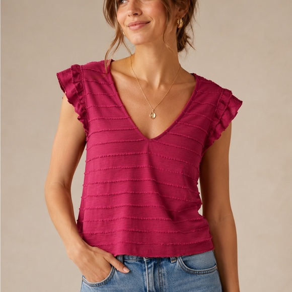 Anthropologie Tops - Anthropologie Raspberry V-Neck Ruffle Sleeve Tank